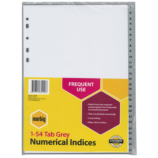 marbig® indices & dividers 1-54 tab polyprop a4#Colour_GREY