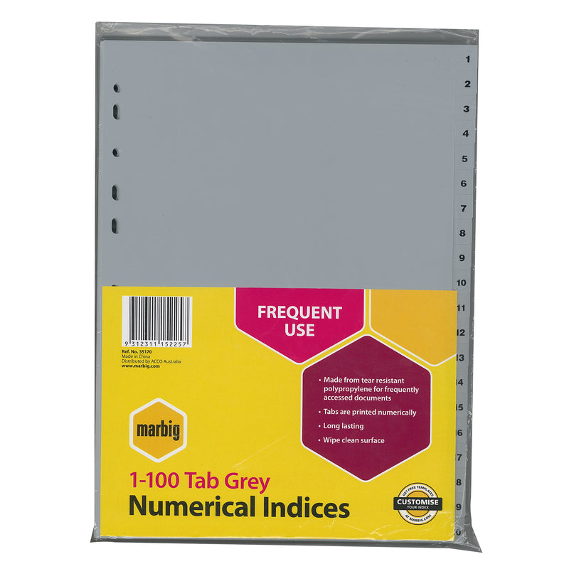 marbig® indices & dividers 1-100 tab polyprop a4 grey