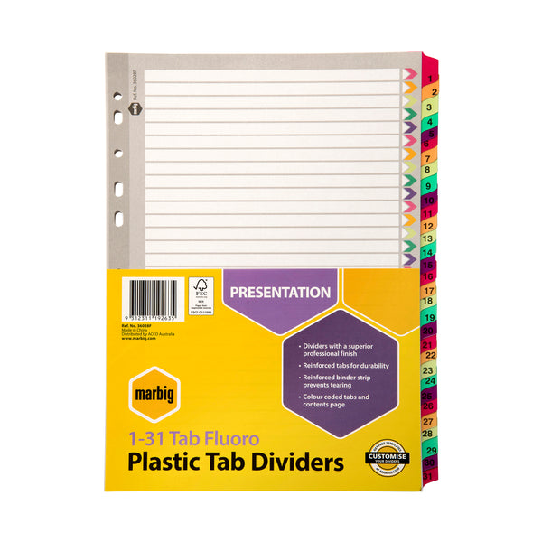 marbig® indices & dividers 1-31 tab reinforced a4 fluoro