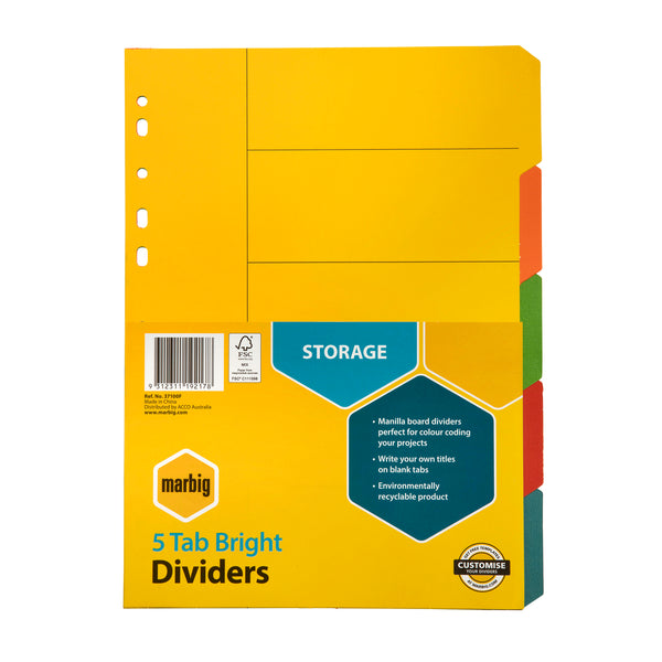 marbig® indices & dividers 5 tab manilla a4 brights