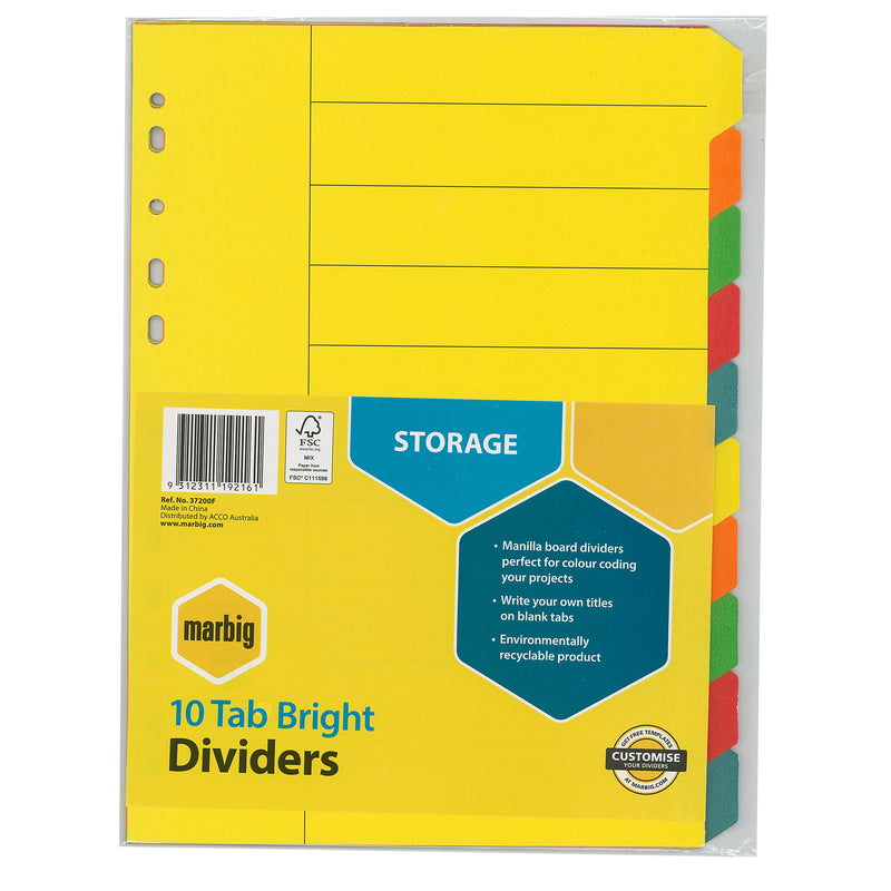 marbig® indices & dividers 10 tab manilla a4 brights