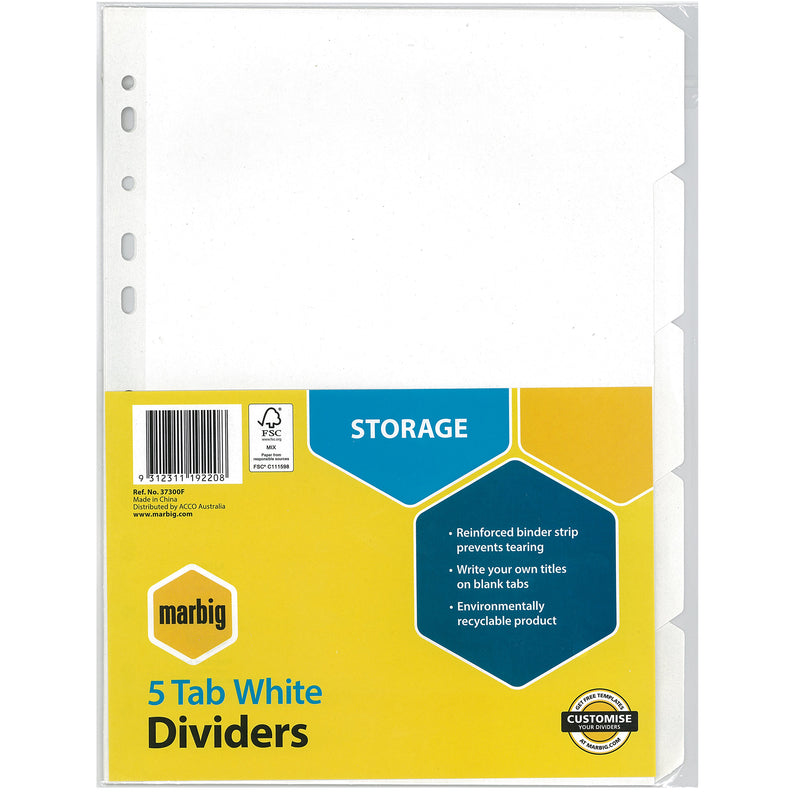 marbig® indices & dividers 5 tab manilla a4 white