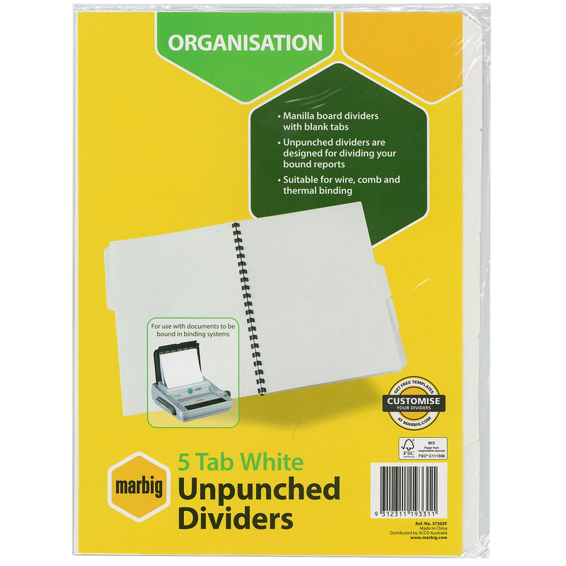 marbig® indices & dividers 5 tab manilla a4 unpunched