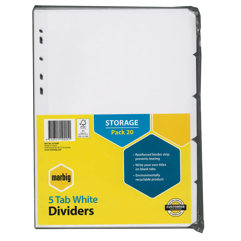 marbig® indices & dividers 5 tab manilla a4 white bulk