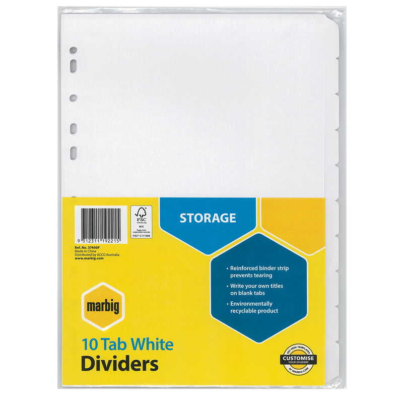 marbig® indices & dividers 10 tab manilla a4 white