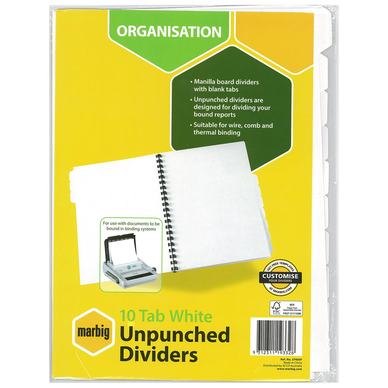marbig® indices & dividers 10 tab manilla a4 unpunched