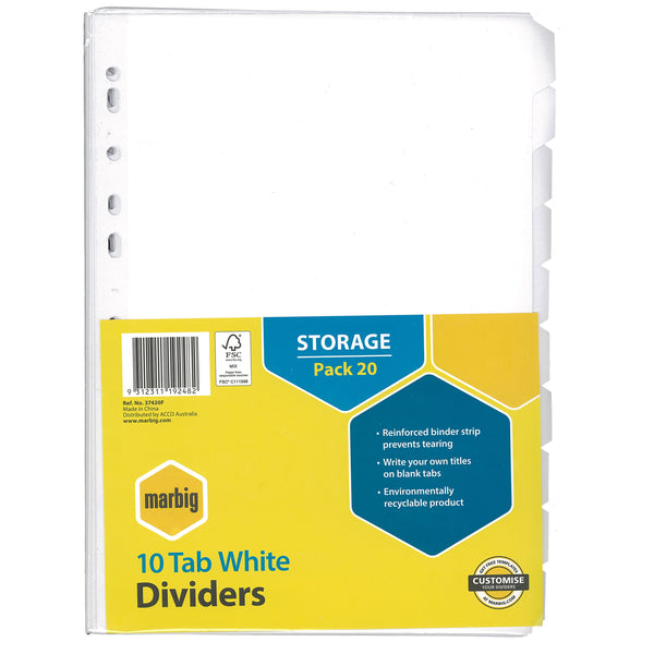 marbig® indices & dividers 10 tab manilla a4 white bulk