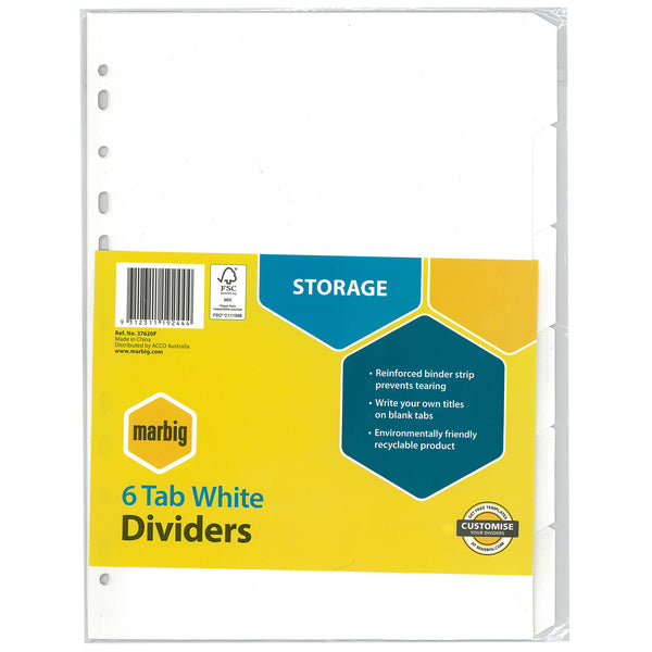 marbig® indices & dividers 6 tab manilla a4 white