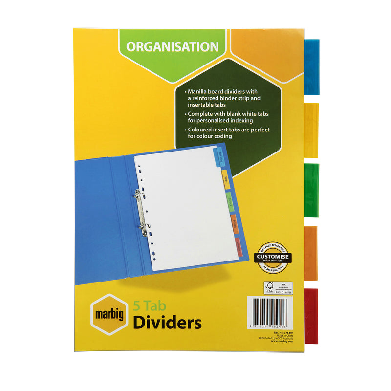 marbig® indices & dividers 5 insert tab manilla a4 colour