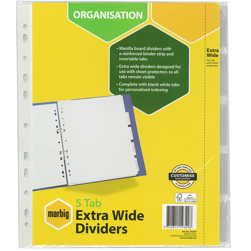 marbig® indices & dividers 5 insert tab extra wide a4 white