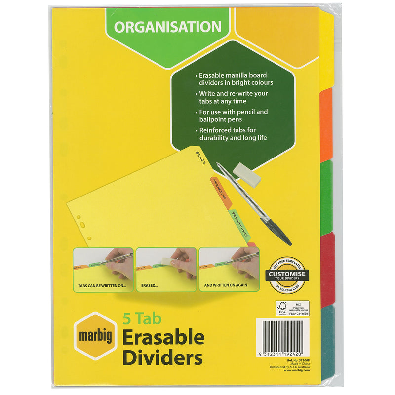 marbig® indices & dividers 5 tab manilla a4 eraseable