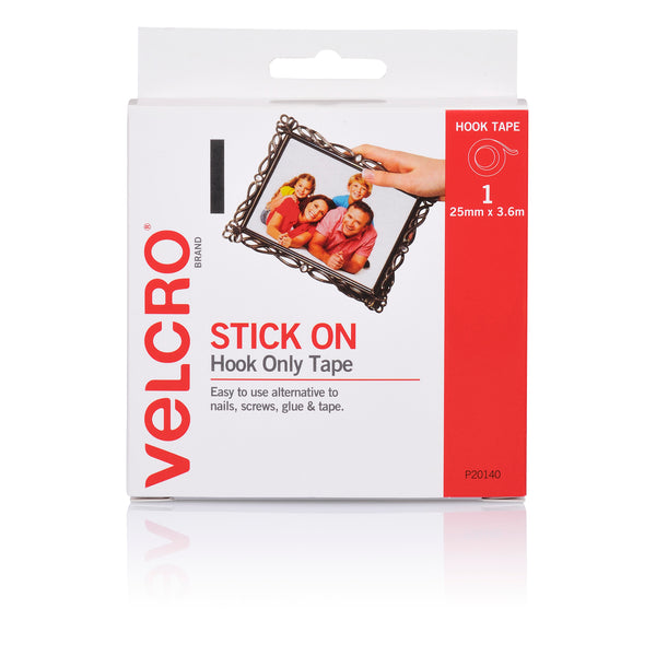 velcro® brand stick on hook only tape 25mm x 3.6m white