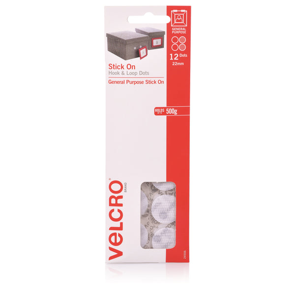 velcro® brand stick on hook & loop dots 12 dots 22mm white