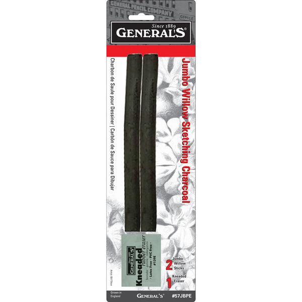General's Jumbo Willow Sketch Charcoal With Kneadable Rubber & 2 Sticks