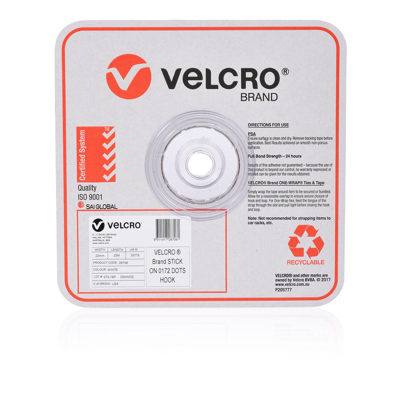 velcro® brand stick on hook only dots 22mm 900 dots white