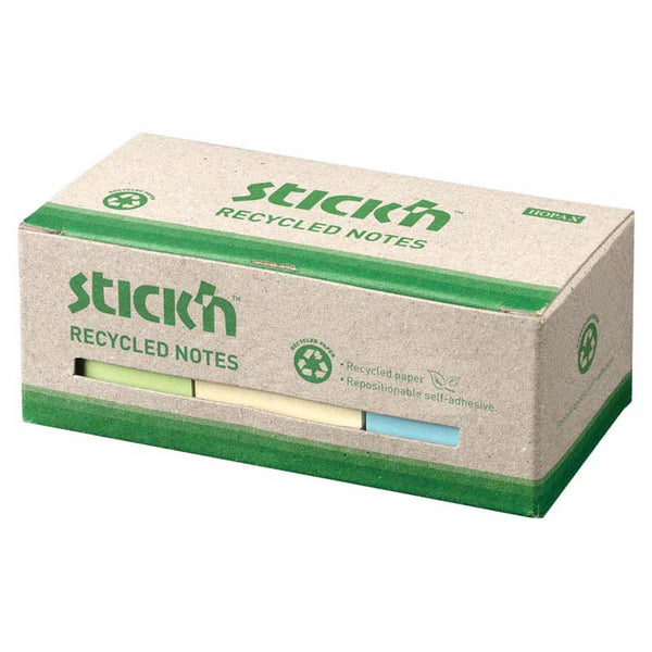 Stick'n Recycled Notes 38x50mm 100 Sheet Assorted Box Of 12