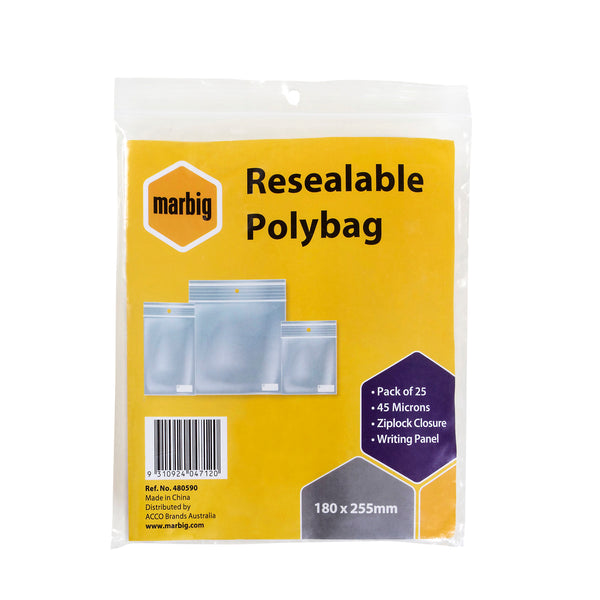 marbig® resealable polybags 180mmx255mm writing panel pack of 25
