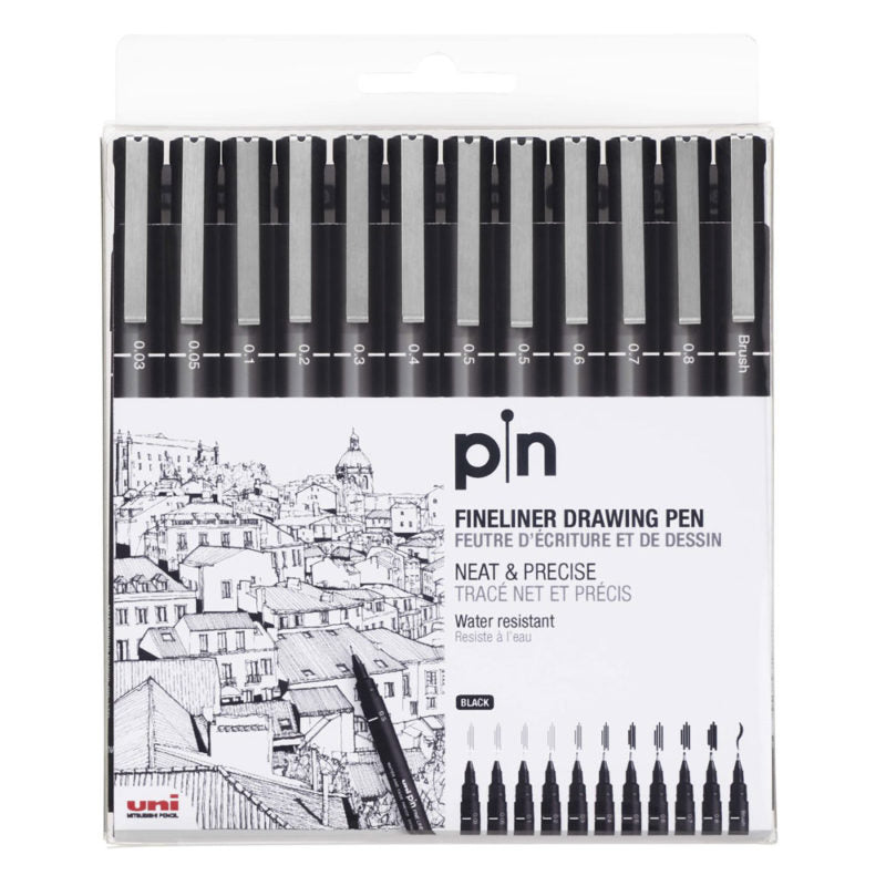 Uni Pin Fineliners Permanent Drawing Set of 12
