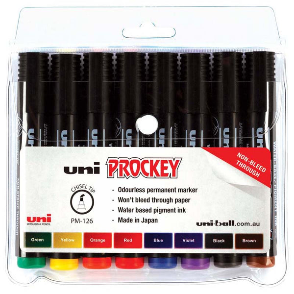 Uni Prockey Marker 5.7mm Chisel Tip 8 Pack Assorted