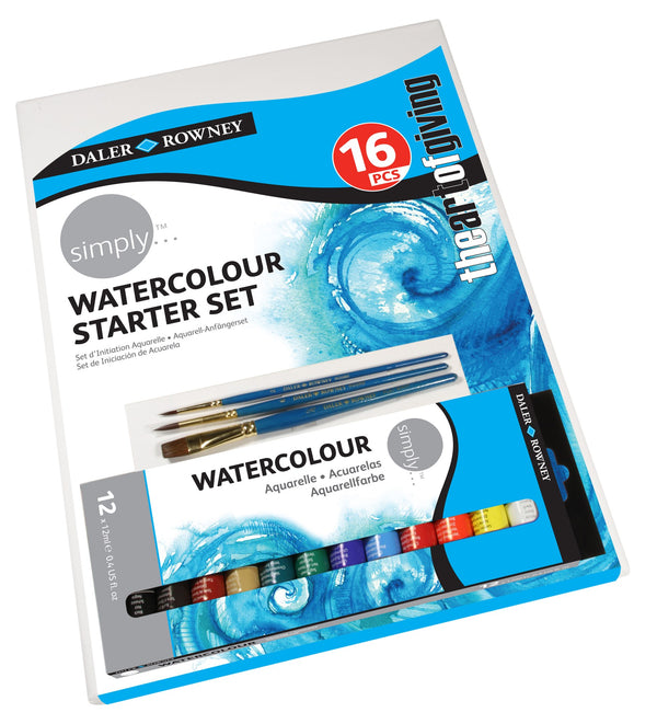 Daler Rowney Simply Watercolour Starter Set Of 12ml - 16 Piece Set With 12 Paints