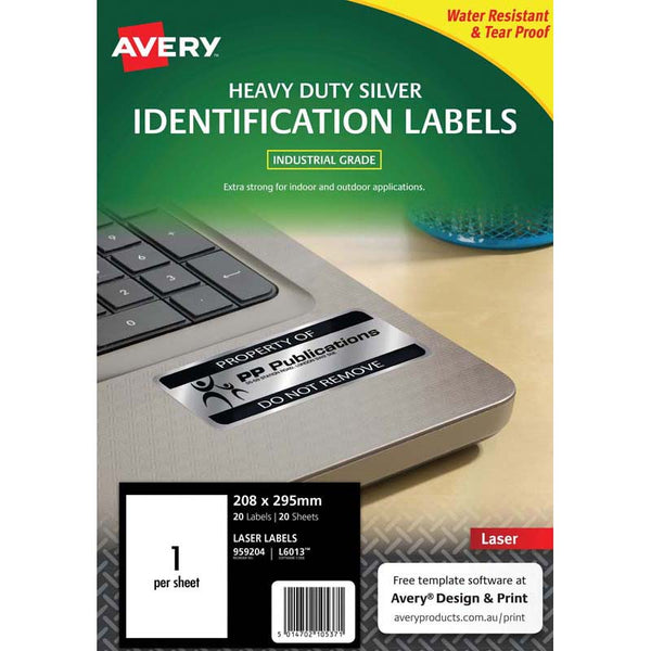 avery heavy duty id laser label l6013 silver 1up 20 sheets 199.6x289.1mm