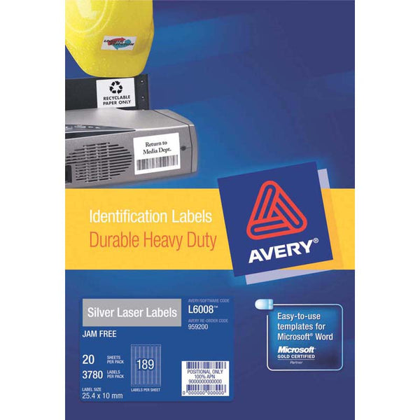 avery heavy duty id label l6008 silver 189up 20 sheets 25.4x10mm