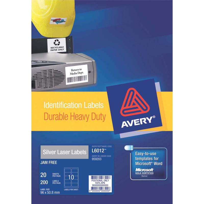 avery heavy duty id laser label l6012 silver 10up 20 sheets 96x50.8mm