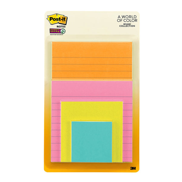 post-it super sticky notes 4622-ssmia assorted combo pack miami collection lined & unlined pack 4