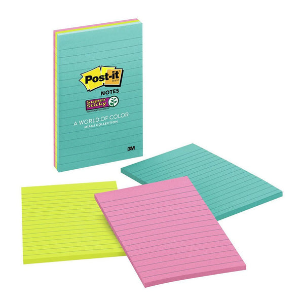 post-it super sticky lined notes 4645-ssmia miami 101x152mm 45 sheet pads pack of 3