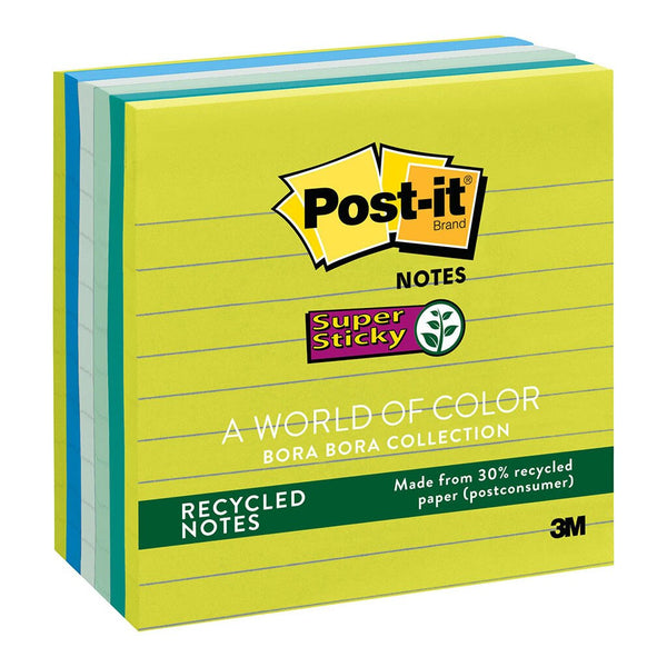 post-it recycled super sticky lined notes 675-6sst bora bora 101x101mm 90 sheet pads pack of 6