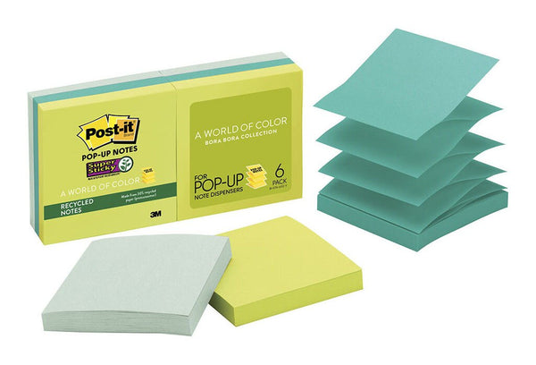 post-it recycled super sticky pop-up note refills r330-6sst bora bora 76x76mm 90 sheet pads pack of 6
