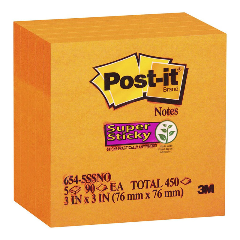 post-it super sticky notes 654-5ssno 76x76mm 90 sheet pads pack of 5