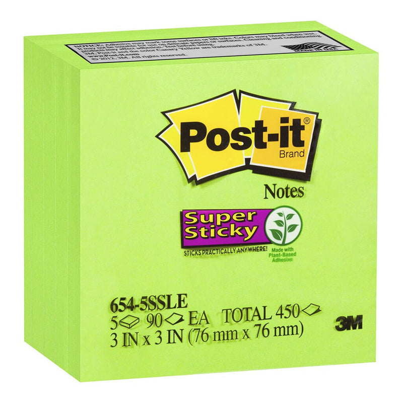post-it super sticky notes 654-5ssle 76x76mm 90 sheet pads pack of 5
