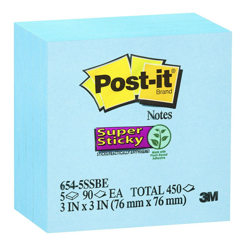 post-it super sticky notes 654-5ssbe 76x76mm 90 sheet pads pack of 5