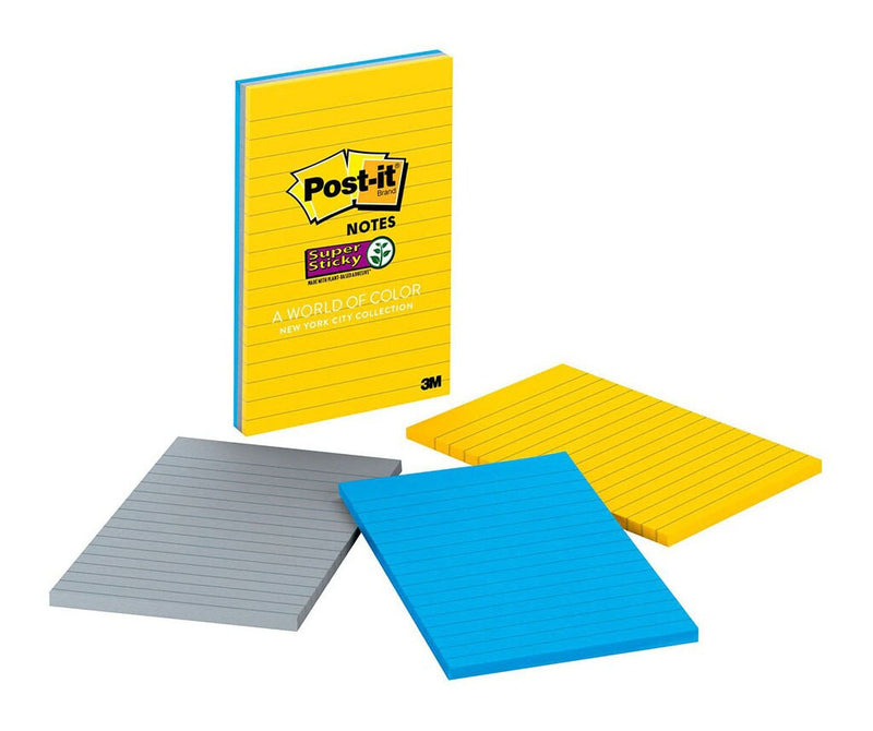 post-it super sticky lined notes 660-3ssny 101x152mm 90 sheet pads pack of 3