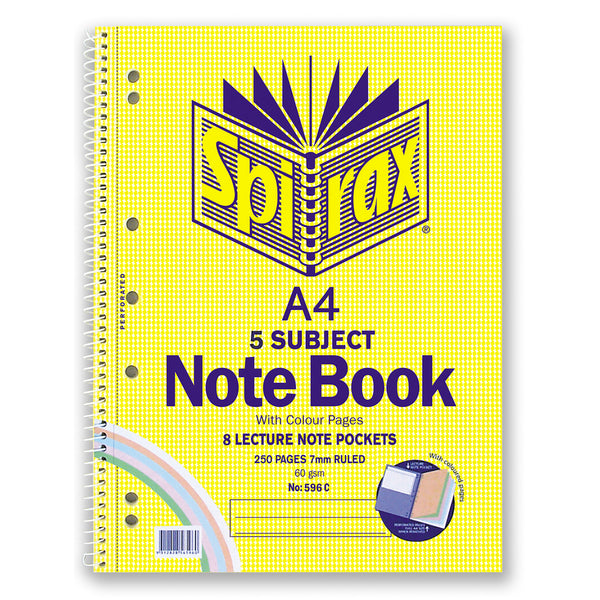 spirax 596c 5 subject notebook coloured a4 250 page - pack of 5