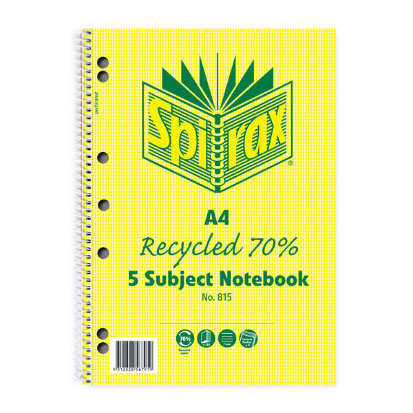 spirax 815 recycled 5 subject notebook a4 250 page - pack of 5
