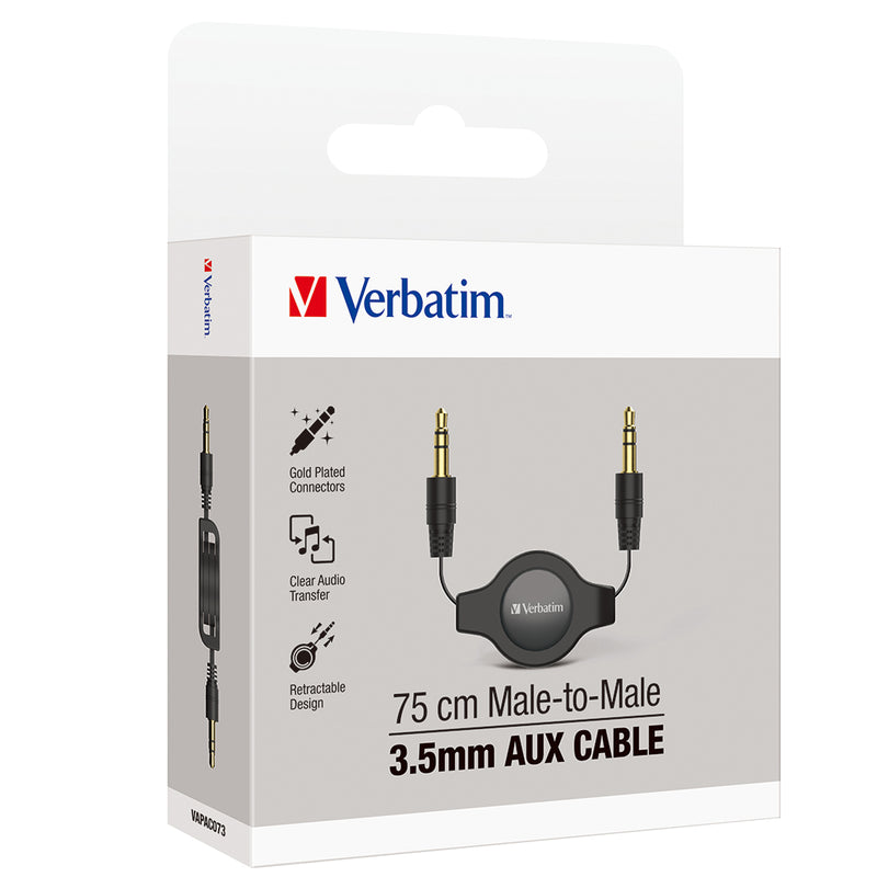 verbatim essentials audio cable 3.5mm aux retractable 75cm black