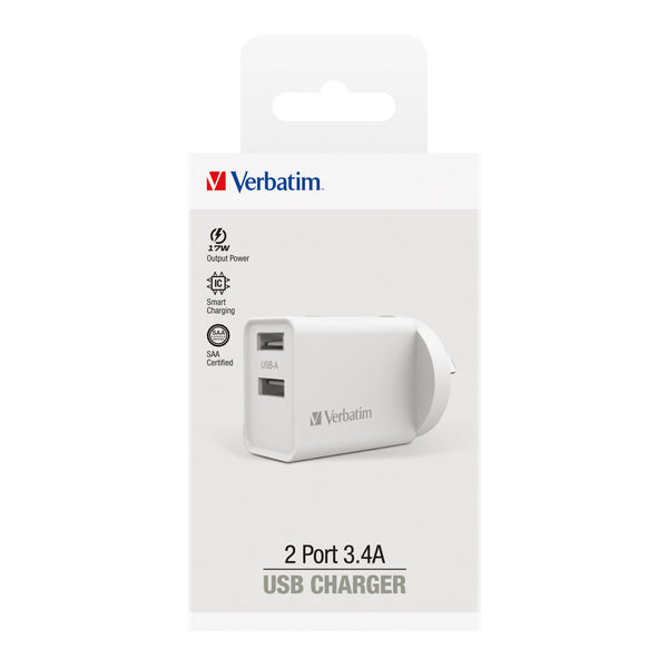 verbatim essentials usb charger dual port 3.4a white