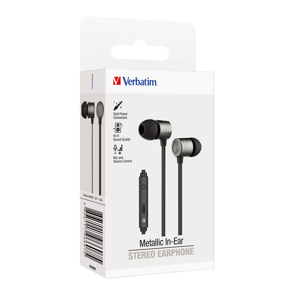 verbatim essentials in-ear earphones with mic & volume control space grey