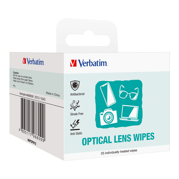 verbatim essentials lens cleaning wipes 25 pack
