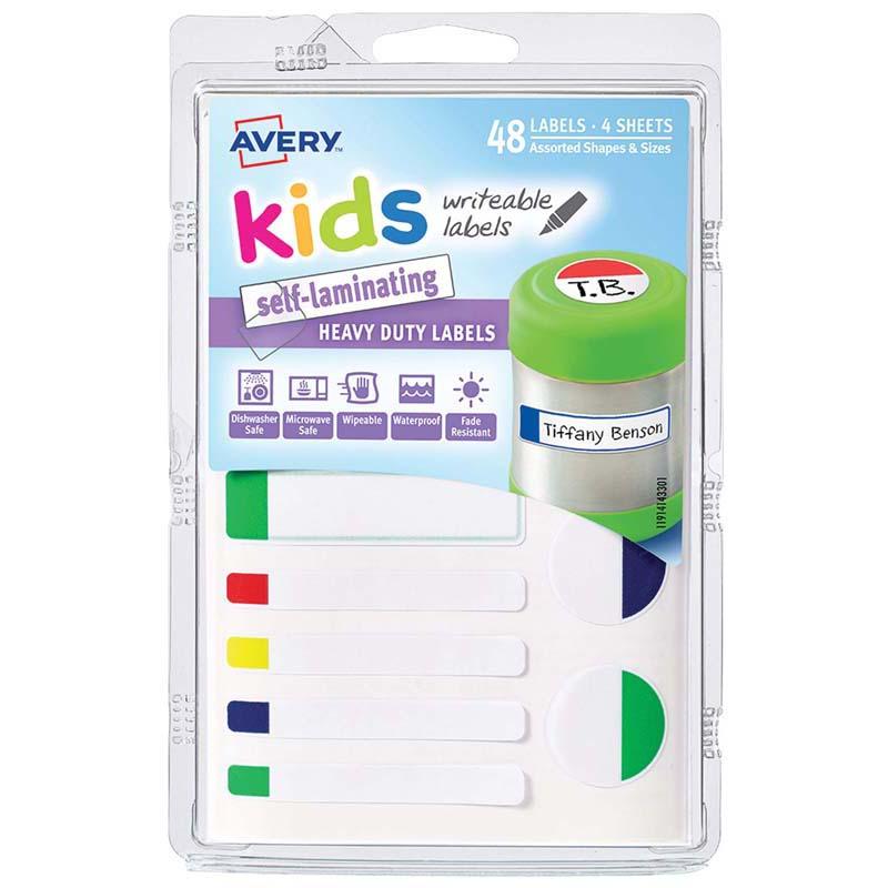 AVERY LABEL KIDS SELF LAMINATING ASSORTED SIZE AND SHAPE 12UP 4 SHEETS