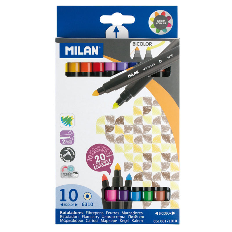 Milan Markers Bicolor Double Ended Tip Pens 10 Assorted Colours Pack Of 20