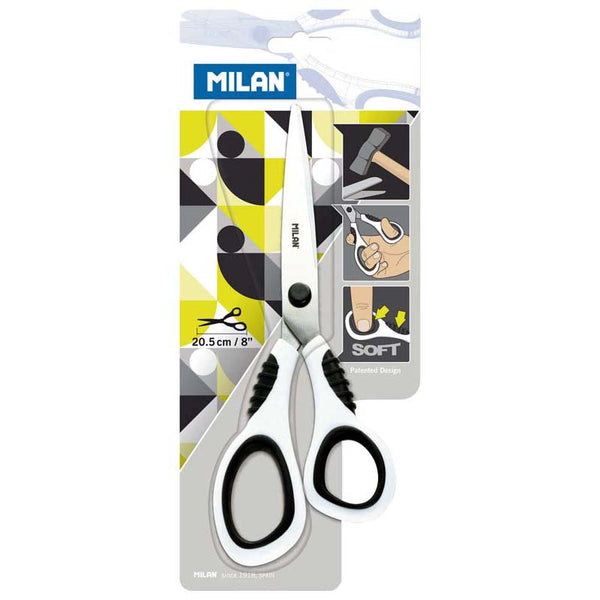 milan office scissors size 205MM 8 inch soft grip#colour_BLACK ON WHITE