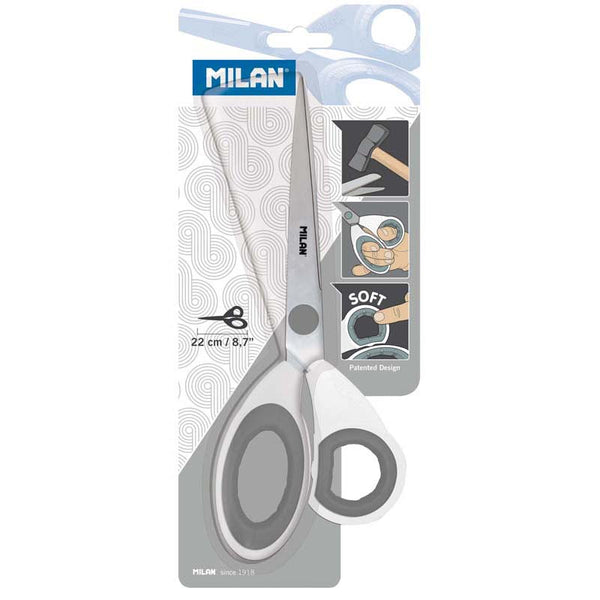 milan office scissors GREY on WHITE size 220MM 8.7 inch soft grip
