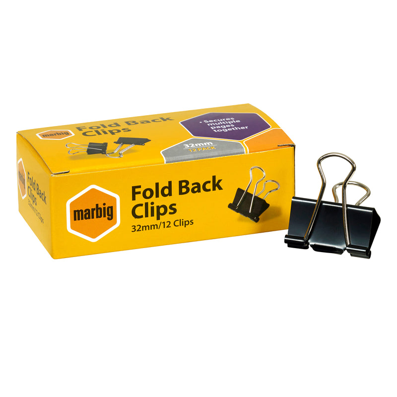 marbig fold back clips 32mm - box of 12