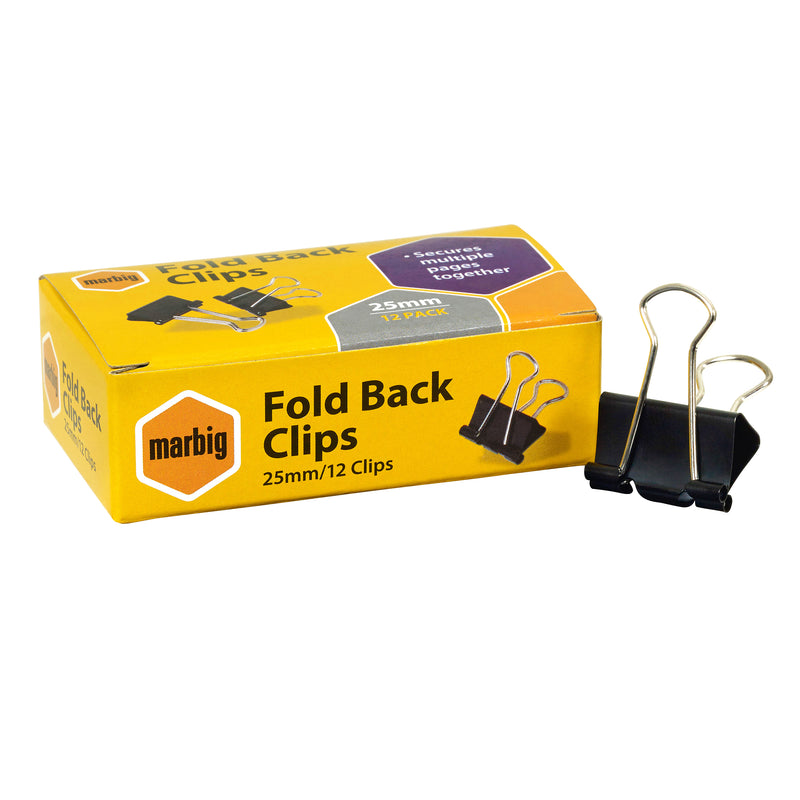marbig fold back clips 25mm box of 12