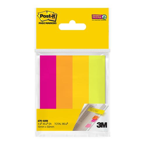 post-it super sticky page markers 670-4an assorted neon colours size 15mm x 50mm 45 sheet pads pack 4