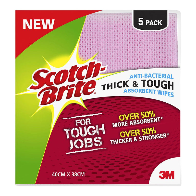 scotch-brite anti-bacterial thick and tough absorbent wipe pack of 5