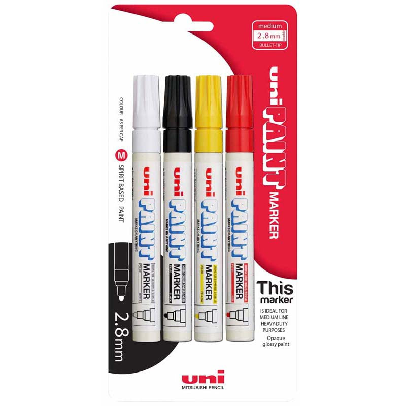 Uni Paint Marker 2.8mm Bullet Tip 4 Pack Assorted Colours